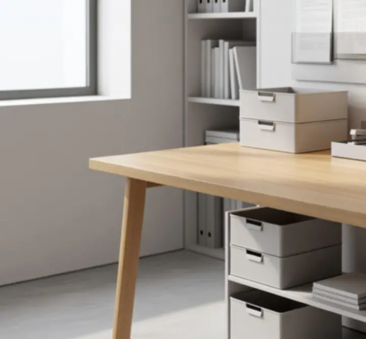 Porównanie biurka przed i po uporządkowaniu akcesoriami Offi Studio